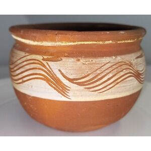 Handmade Terracotta Pot Small Rustic Clay Boho Vessel Etched Band Folk Pottery